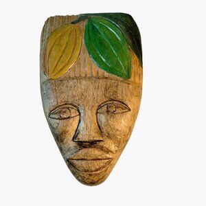 Vintage Polynesian Mask Tiki Hand Carved Wood Tropical Leaf Signed